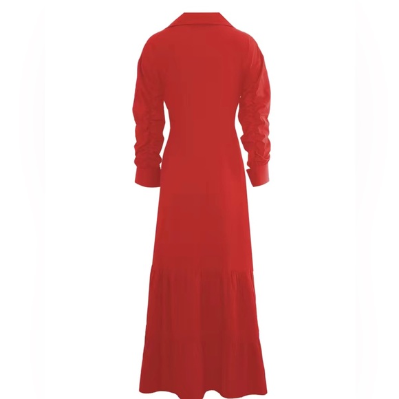 Solid Button Front Belted Dress, Elegant Ruched Sleeve Ruffle Trim Maxi Dress - Picture 2 of 3